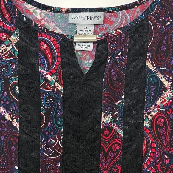 Catherine’s Jewel Tone Paisley Print Lace Inset Flowy Tunic Top 5X Dark Romantic - Picture 10 of 13